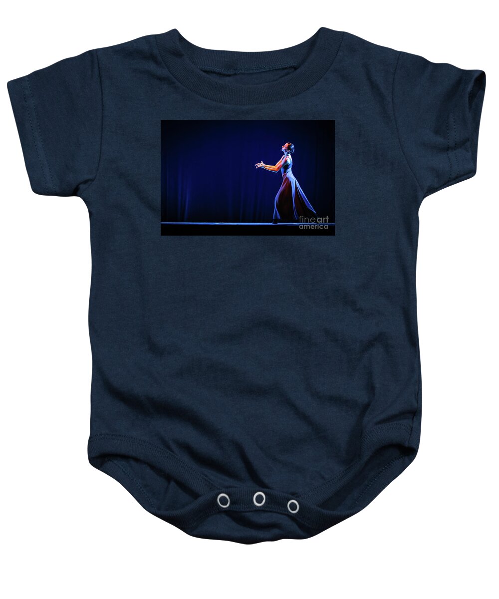 Ballet Baby Onesie featuring the photograph The beautiful ballerina dancing in blue long dress by Dimitar Hristov