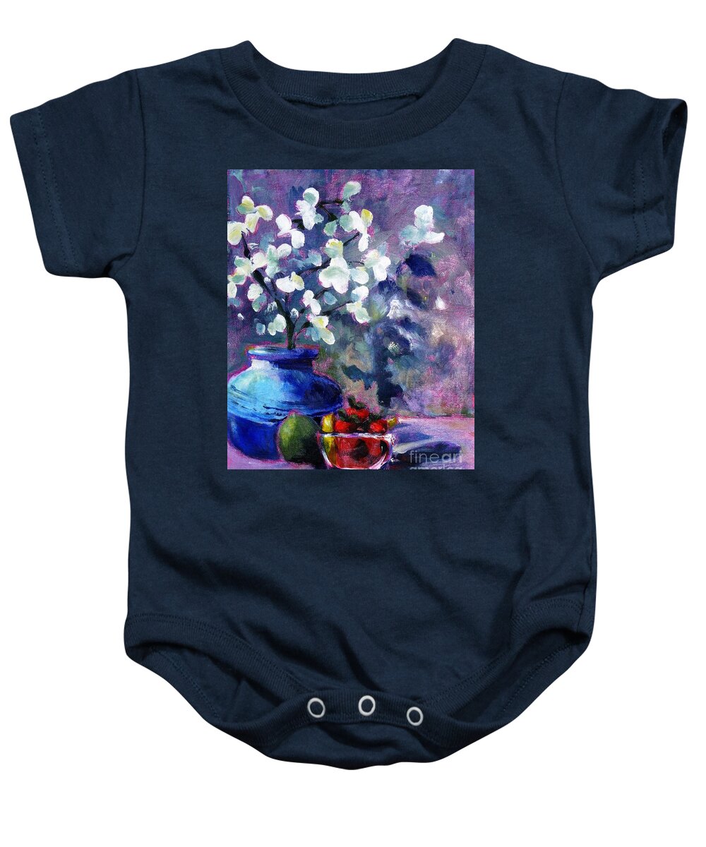 Blue White Flowers Blossoms Lime Lemon Slice Strawberries Baby Onesie featuring the painting The Blue Vessel by Cheryl Emerson Adams