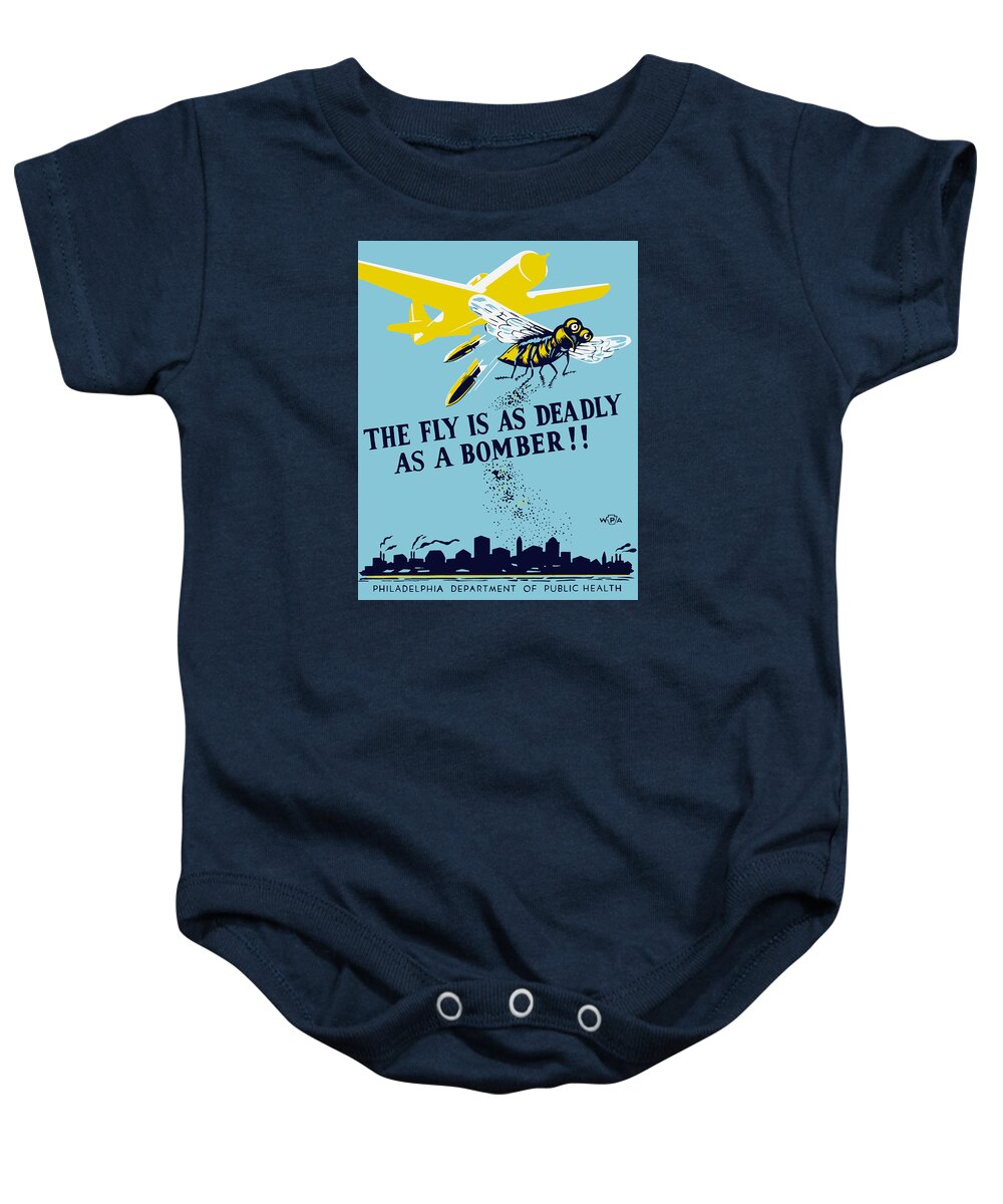 Wpa Baby Onesie featuring the painting The Fly Is As Deadly As A Bomber - WPA by War Is Hell Store