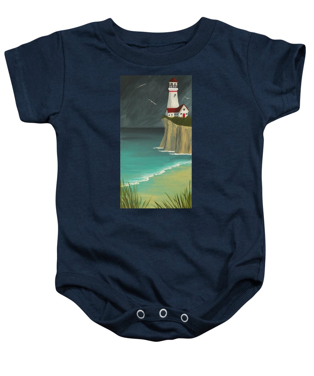 My Dream Home Baby Onesie featuring the painting The Lighthouse on the Cliff by Micki Findlay