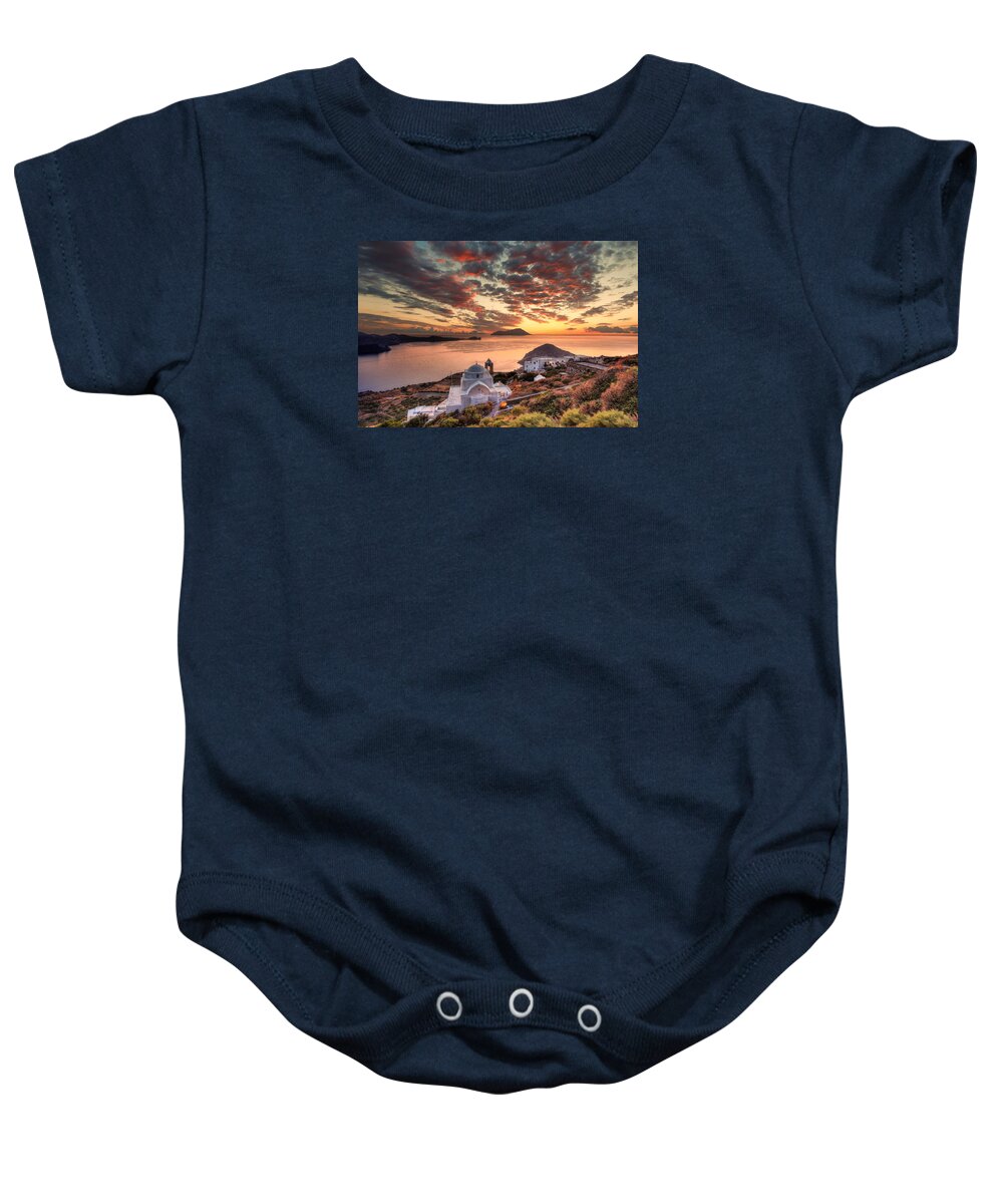 Milos Baby Onesie featuring the photograph The sunset from the castle of Plaka in Milos - Greece by Constantinos Iliopoulos