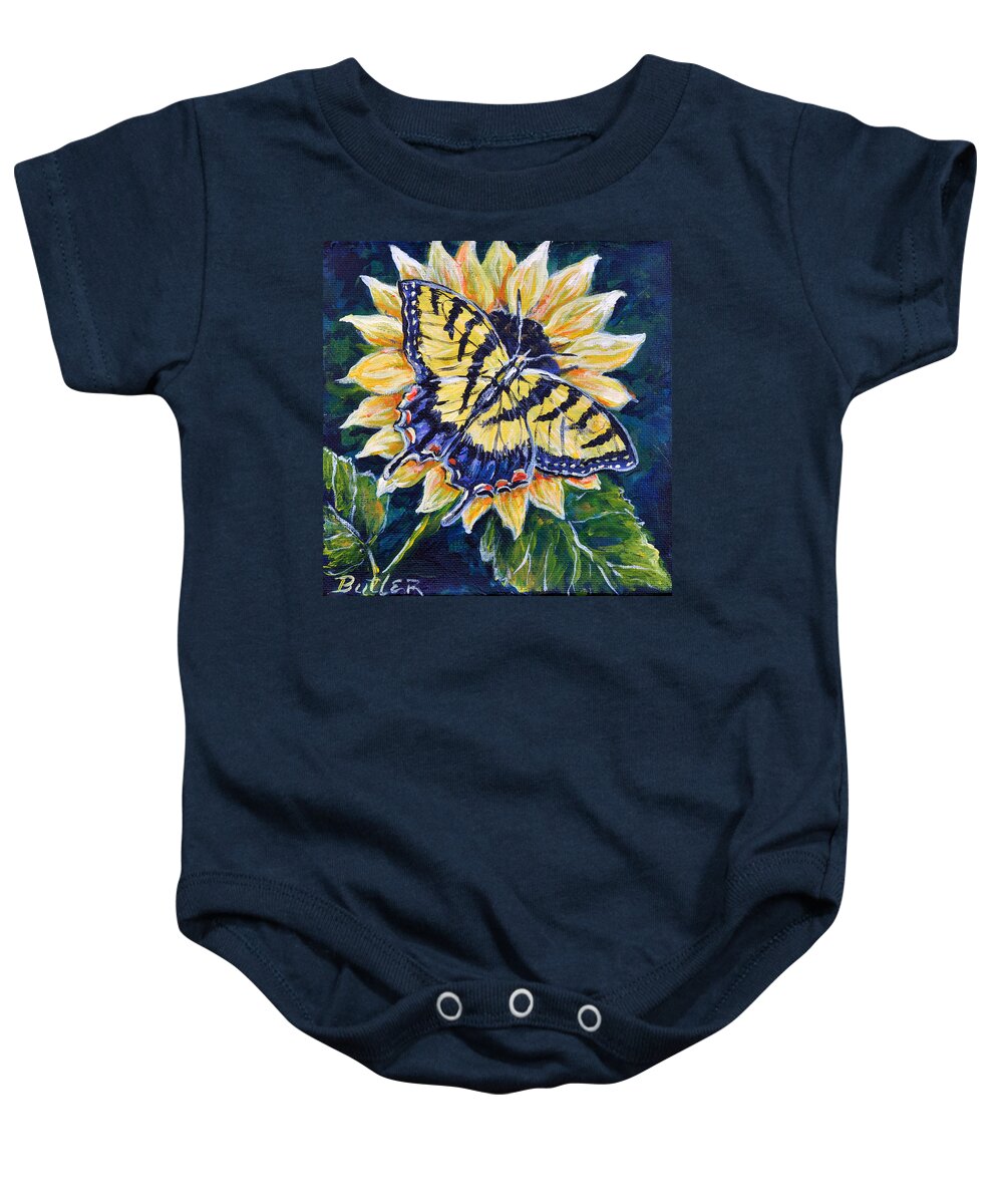 Butterfly Tiger Swallowtail Sunflower Nature Yellow Baby Onesie featuring the painting Tiger and Sunflower by Gail Butler