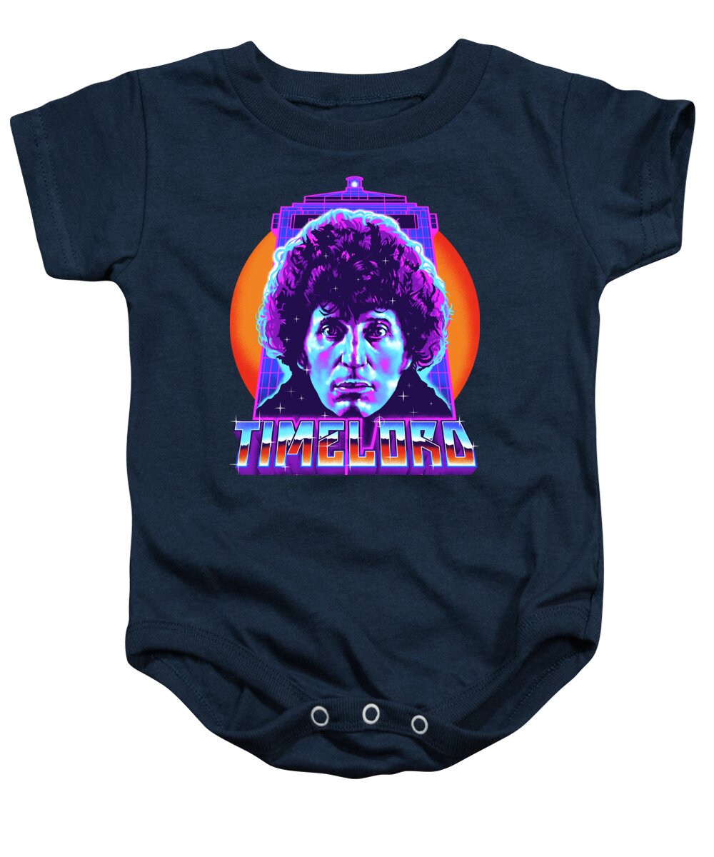 Doctor Who Baby Onesie featuring the digital art Timelord / Tom Baker / Doctor Who / 80s Color / 4th Doctor / Time Travel by Zerobriant Designs