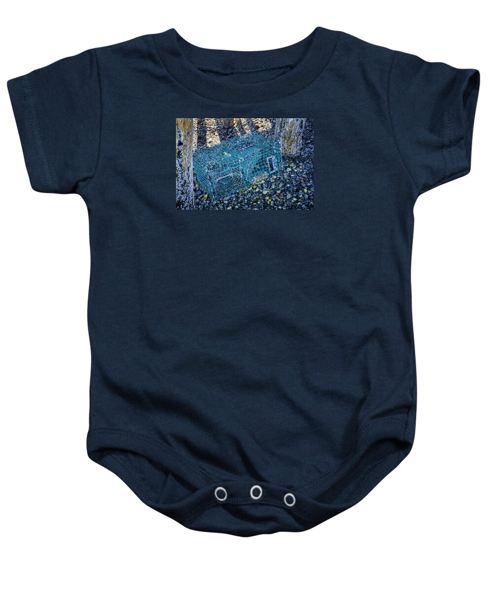 Maine Lobster Boats Baby Onesie featuring the photograph Trap And Barnacles by Tom Singleton