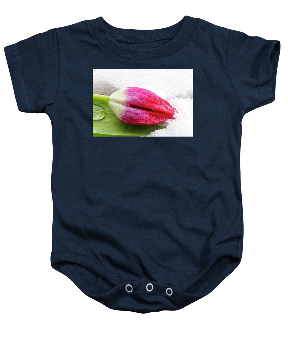 Tulip Baby Onesie featuring the photograph Tulip In The Snow 1 by Johanna Hurmerinta