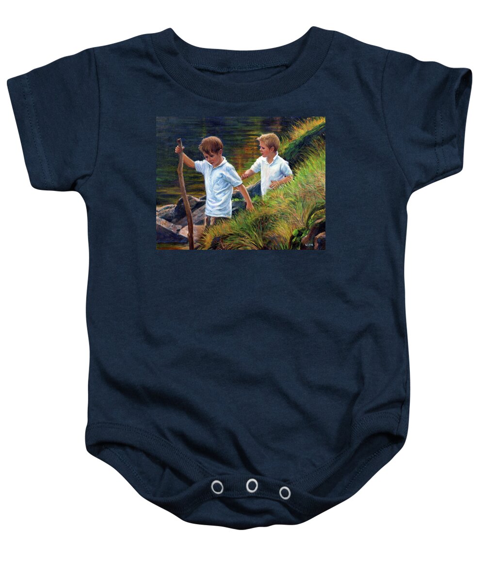 Farm Baby Onesie featuring the painting Two Boys Hiking by Marie Witte