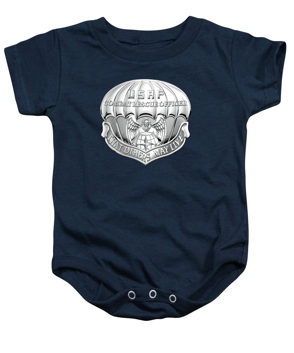 'military Insignia & Heraldry' Collection By Serge Averbukh Baby Onesie featuring the digital art U. S. Air Force Combat Rescue Officer - C R O Badge over Blue Velvet by Serge Averbukh