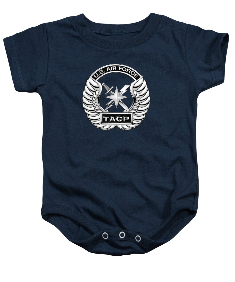 'military Insignia & Heraldry' Collection By Serge Averbukh Baby Onesie featuring the digital art U. S. Air Force Tactical Air Control Party - T A C P Badge over Blue Velvet by Serge Averbukh