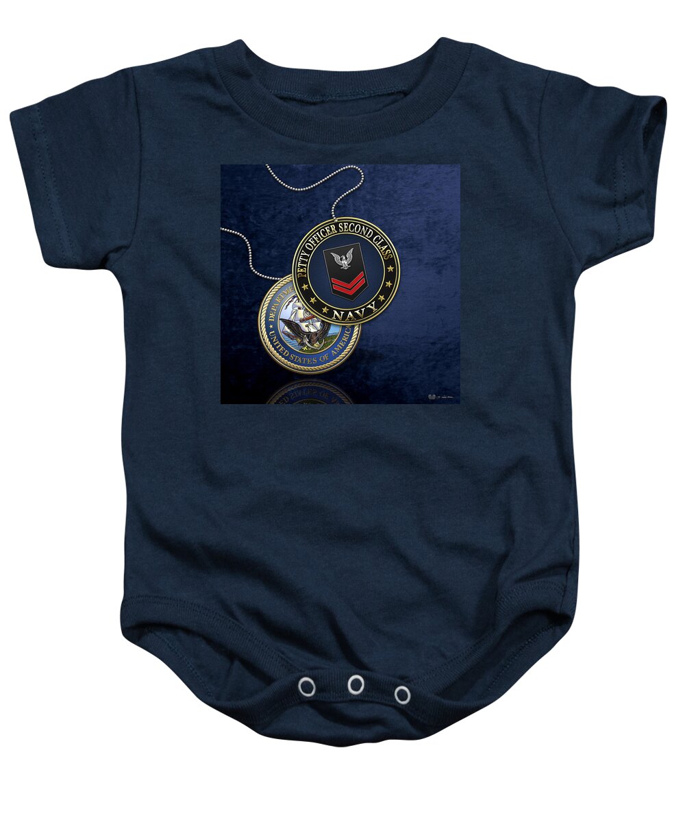 Military Insignia 3d By Serge Averbukh Baby Onesie featuring the digital art U.S. Navy Petty Officer Second Class - PO2 Rank Insignia over Blue Velvet by Serge Averbukh