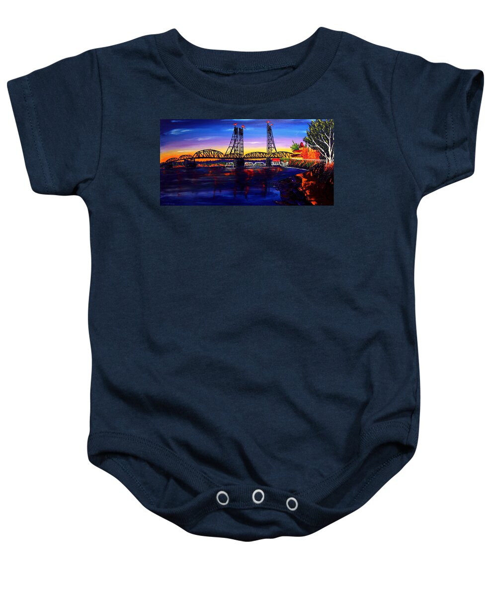  Baby Onesie featuring the painting Vancouver I-5 Bridge At Dusk #1 by James Dunbar