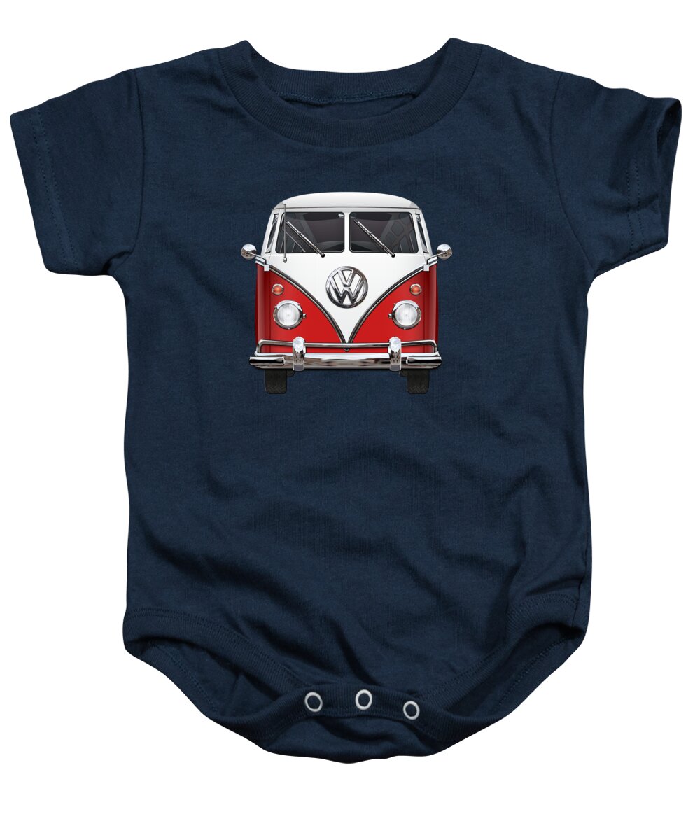 'volkswagen Type 2' Collection By Serge Averbukh Baby Onesie featuring the digital art Volkswagen Type 2 - Red and White Volkswagen T 1 Samba Bus over Green Canvas by Serge Averbukh
