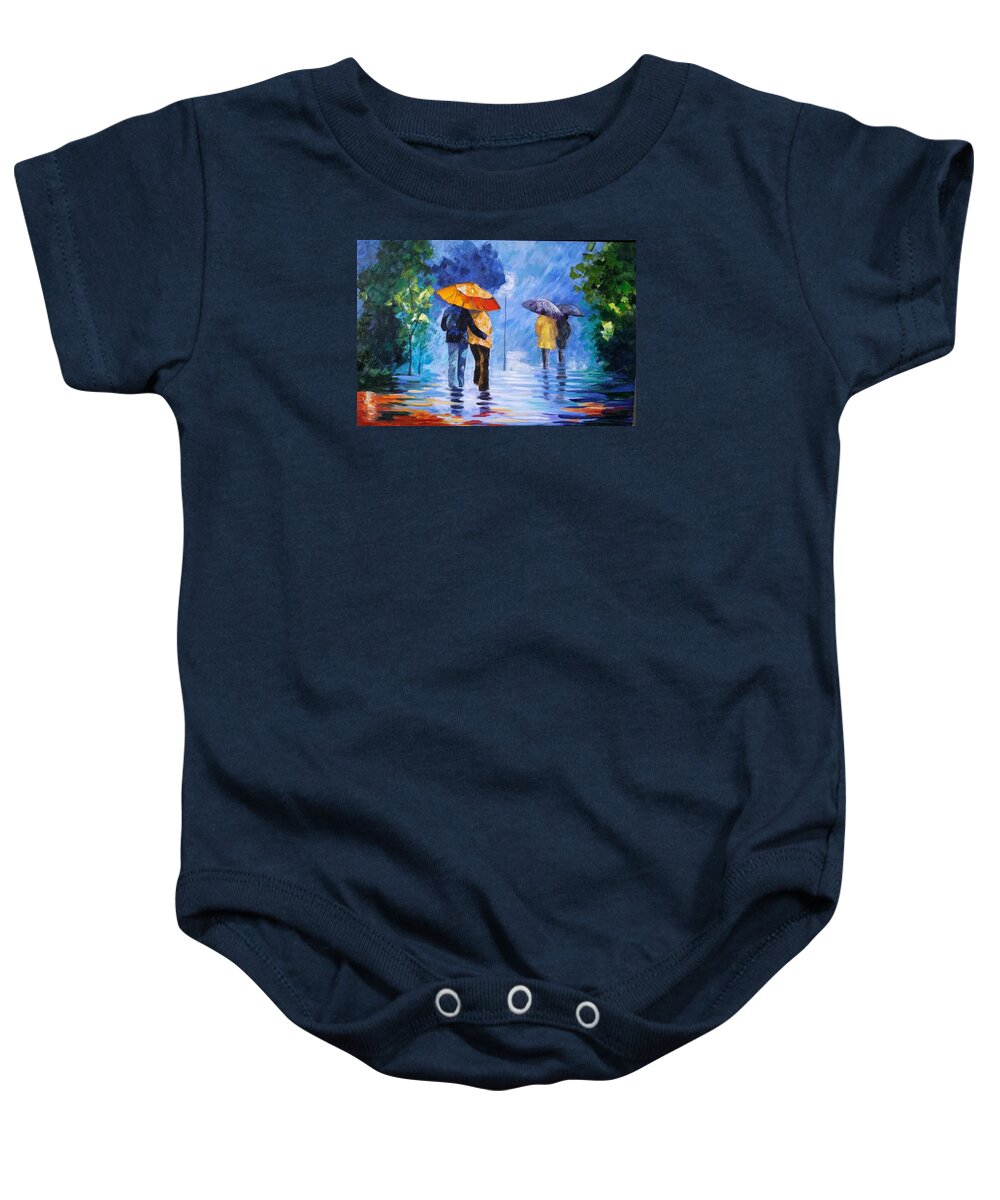 Landscape Baby Onesie featuring the painting Walking in the Rain by Rosie Sherman