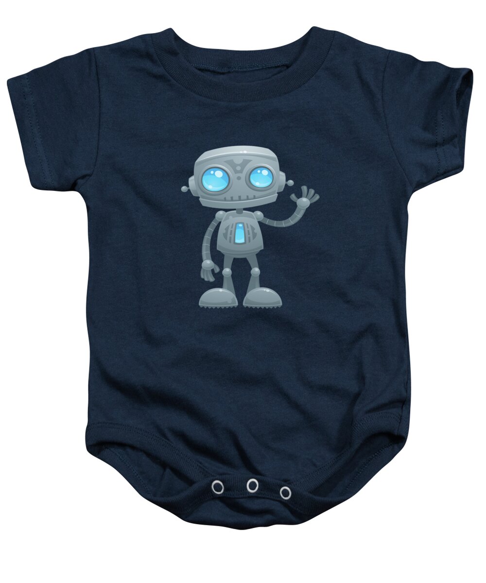 Robotandroiddroidfriendlycutewavewavingmachinefuturevectorcartoonillustrationhumorbluegrayhellosmilegreetingmascot Baby Onesie featuring the digital art Waving Robot by John Schwegel