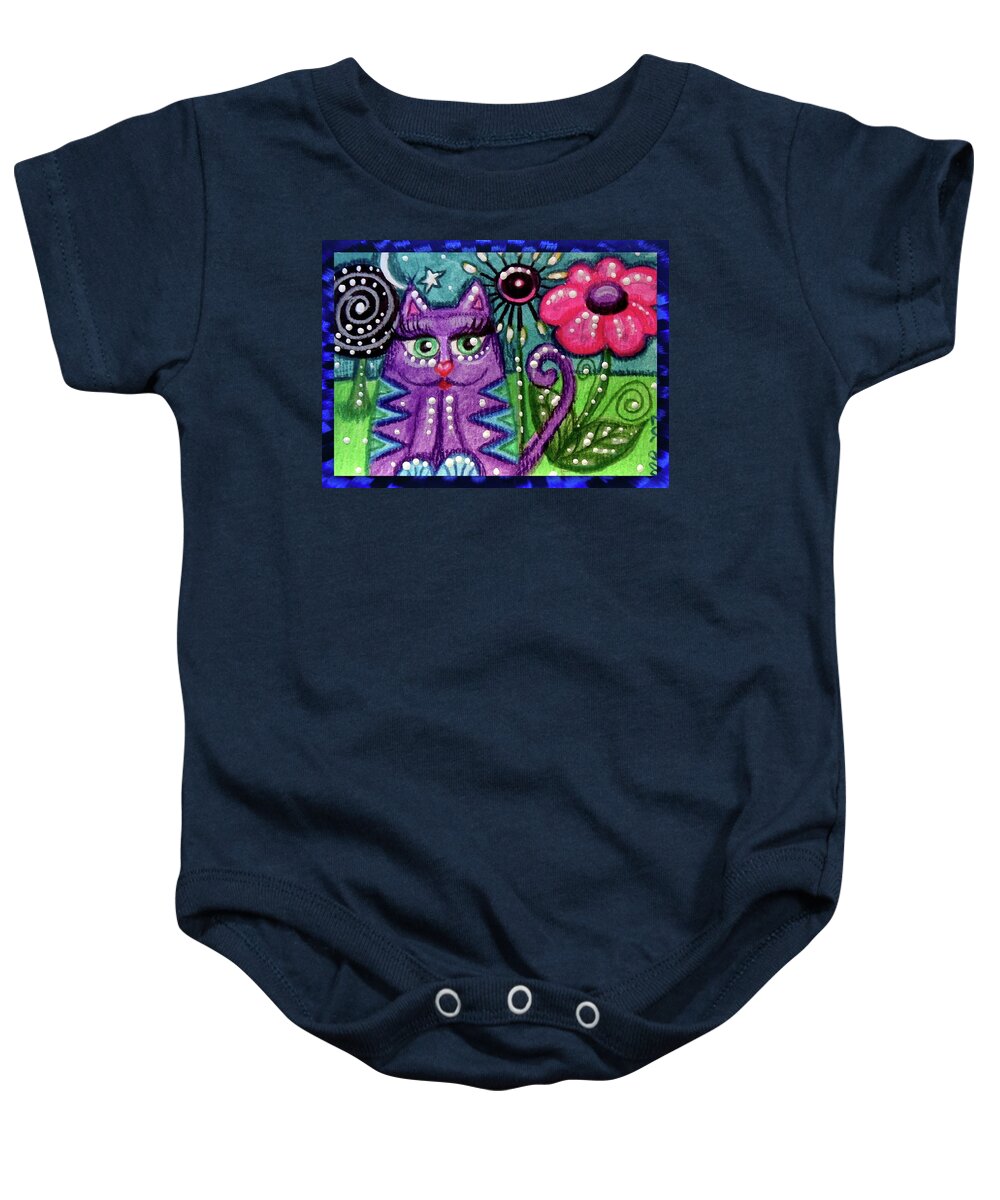 Whimsical Baby Onesie featuring the painting Whimsical Purple Kitty Cat by Monica Resinger