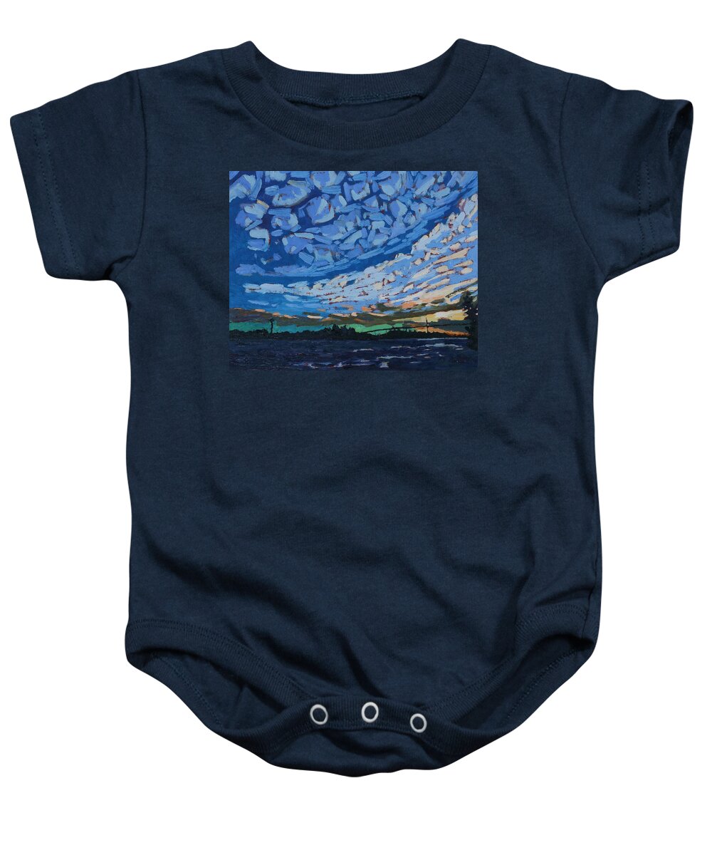 1882 Baby Onesie featuring the painting Windy River Sunset by Phil Chadwick