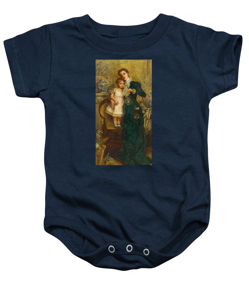 Continental School(19th Century)woman With Child And Goldfish Baby Onesie featuring the painting Woman with Child and Goldfish by MotionAge Designs