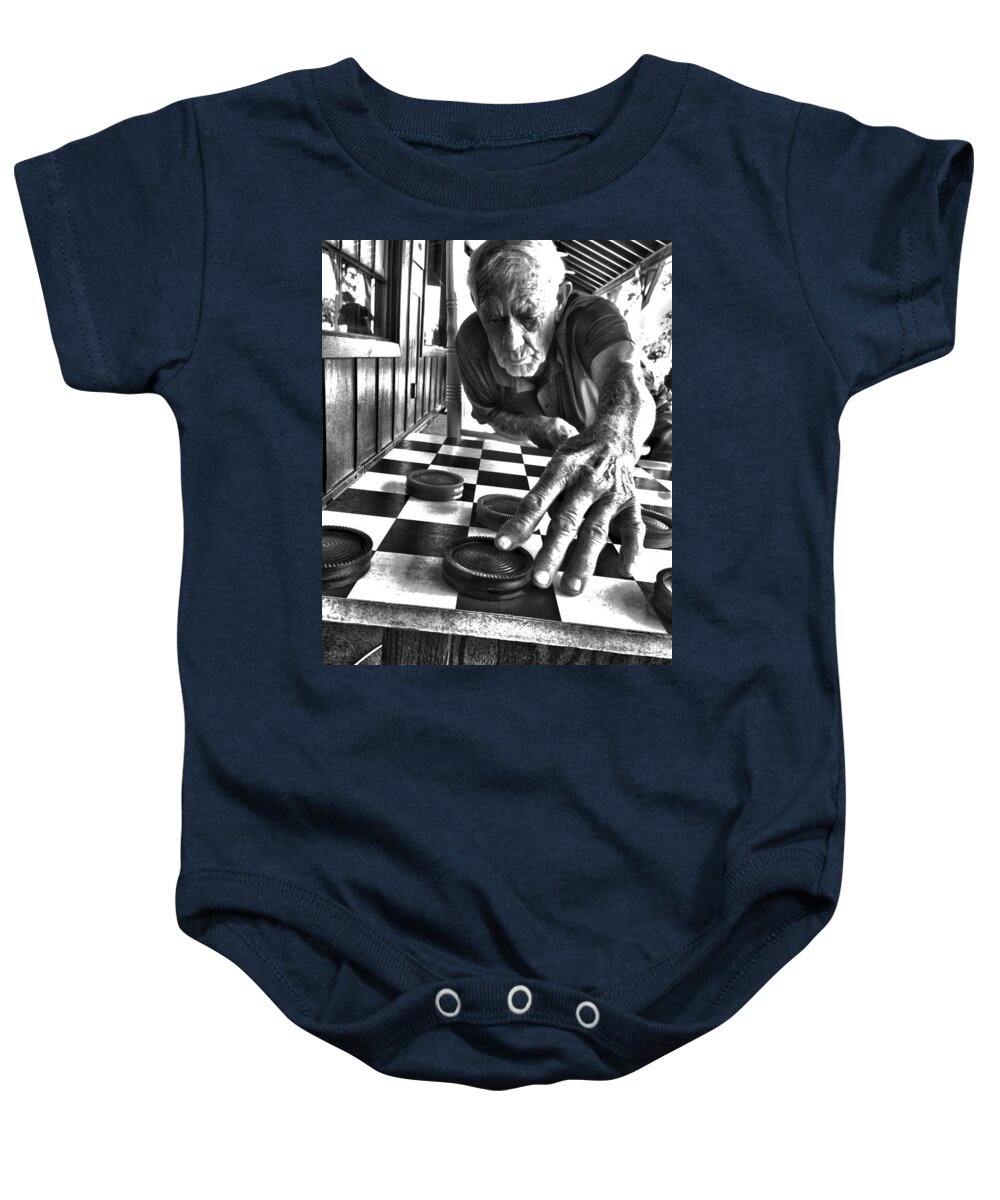 Checkers Baby Onesie featuring the photograph Your Move Dad BW Art by Lesa Fine