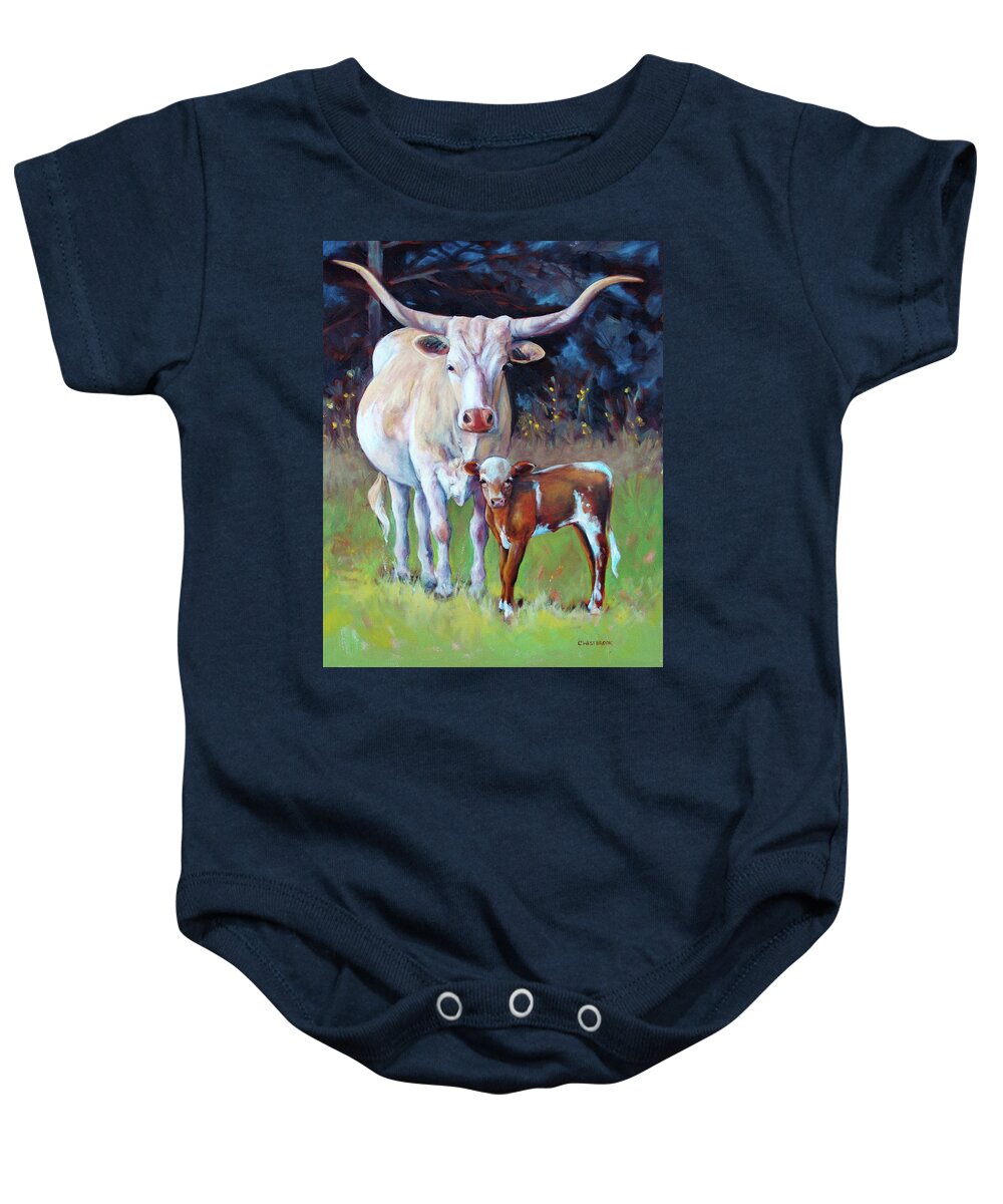 Cattle Baby Onesie featuring the painting Mama and Jr. #2 by Cynthia Westbrook