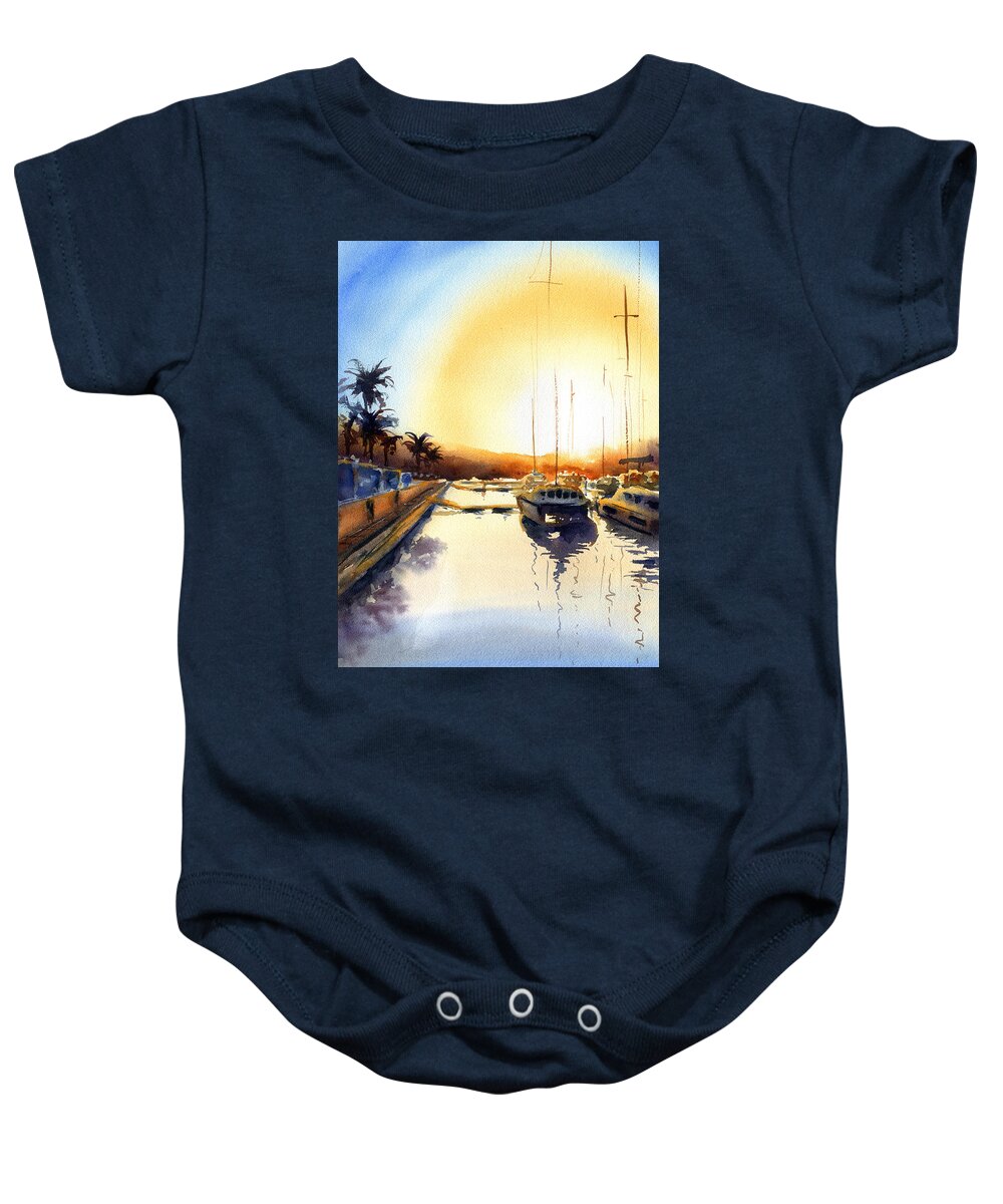 Pier Baby Onesie featuring the painting At The Pier by Dora Hathazi Mendes