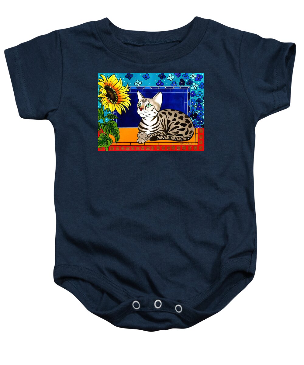 Beauty In Bloom Baby Onesie featuring the painting Beauty in Bloom - Savannah Cat Painting by Dora Hathazi Mendes