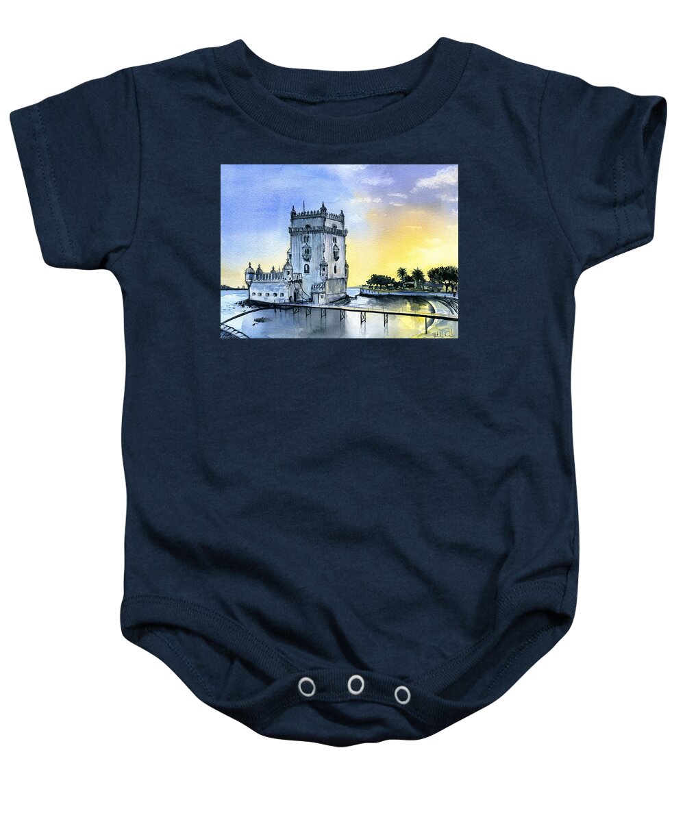 Belem Tower Baby Onesie featuring the painting Belem Tower in Lisbon, Portugal by Dora Hathazi Mendes
