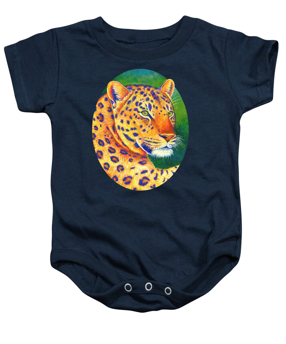Leopard Baby Onesie featuring the painting Queen of the Jungle - Colorful Leopard by Rebecca Wang