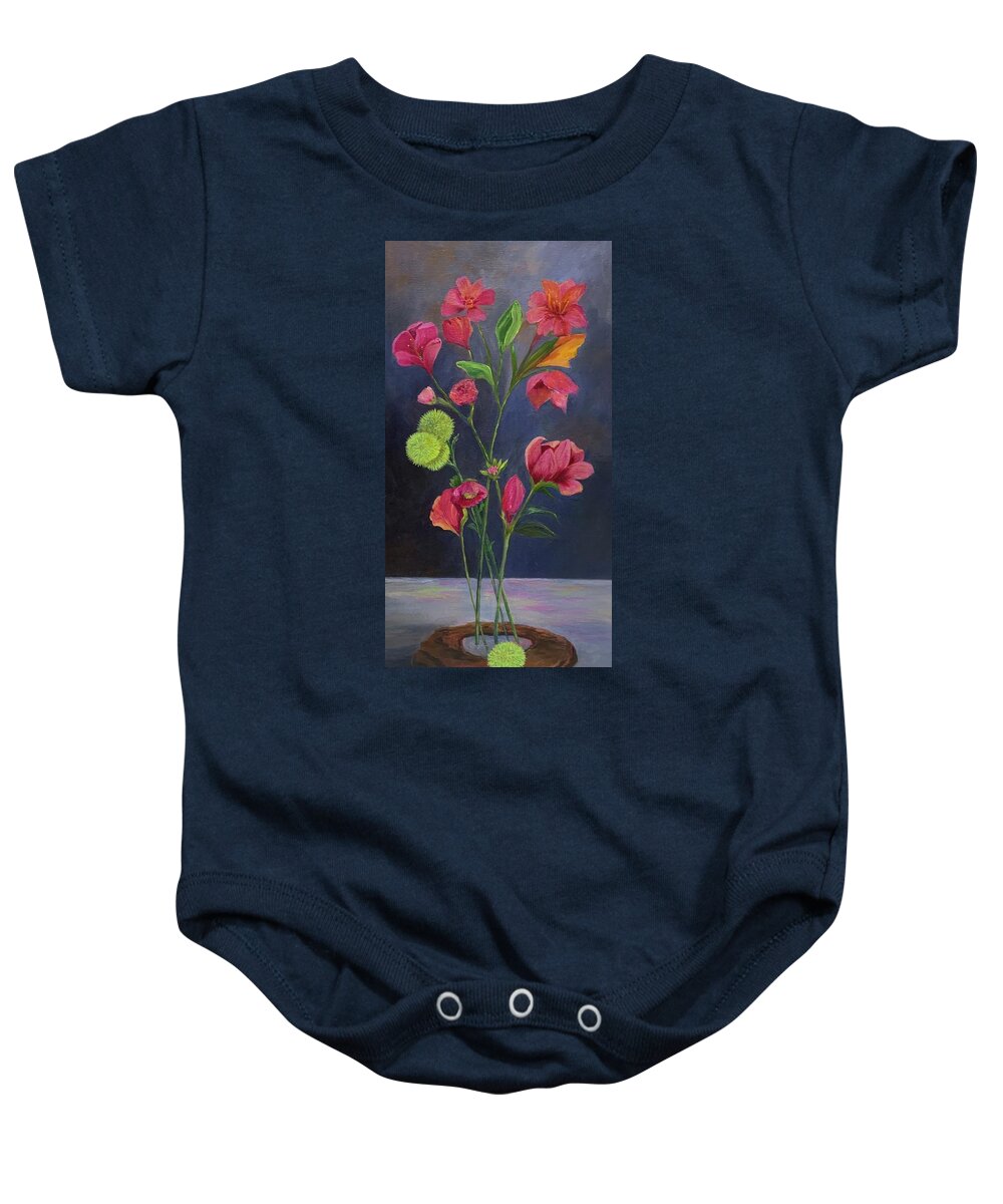 Rock Baby Onesie featuring the painting Flowers in a Rock by Jane Ricker
