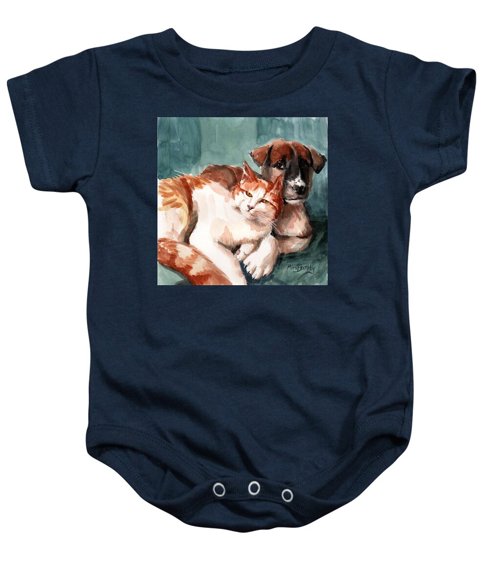 Puppy And Cat Baby Onesie featuring the painting Friends by Mimi Boothby