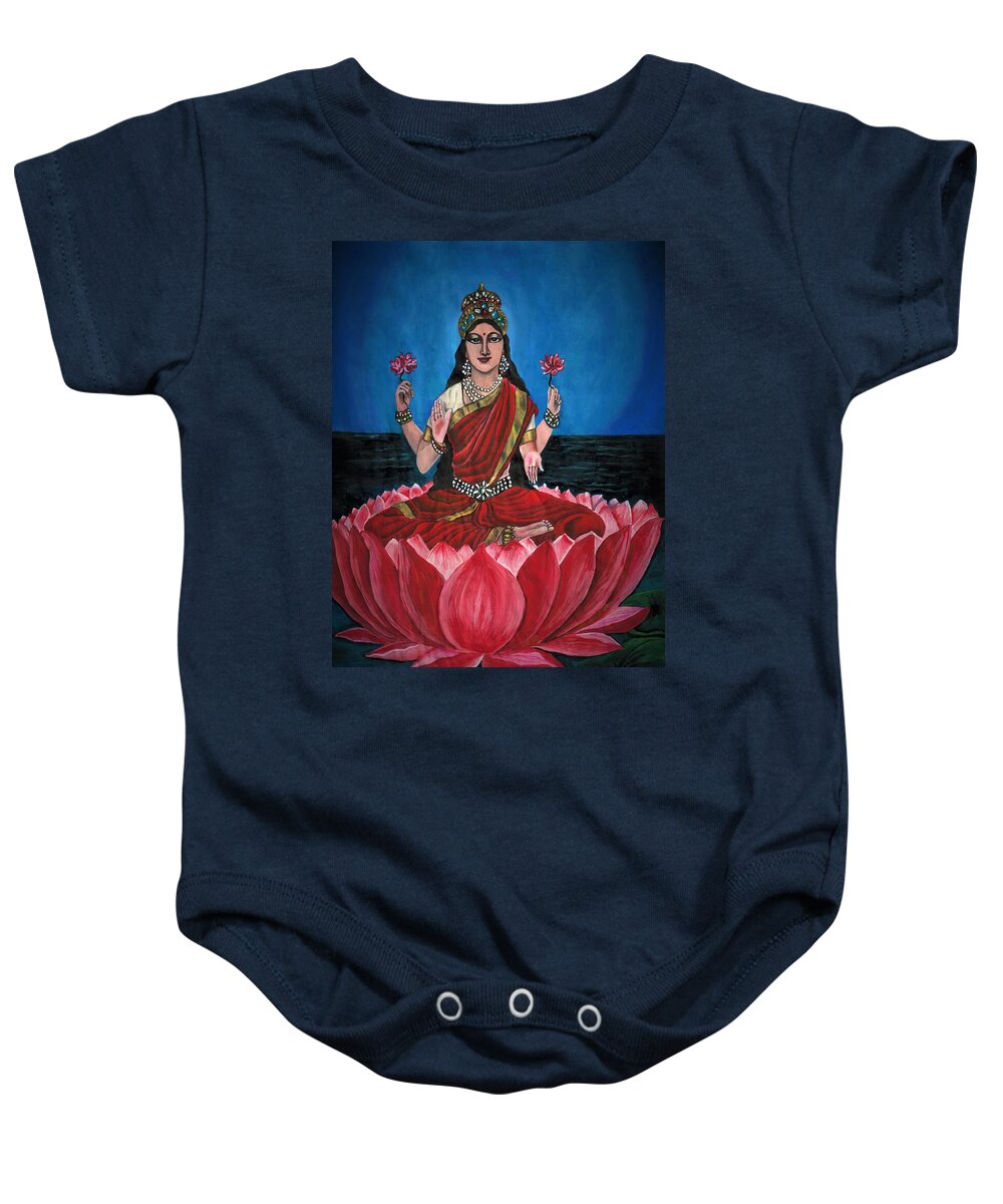 Goddess Lakshmi Baby Onesie featuring the painting Goddess on lotus flower by Tara Krishna