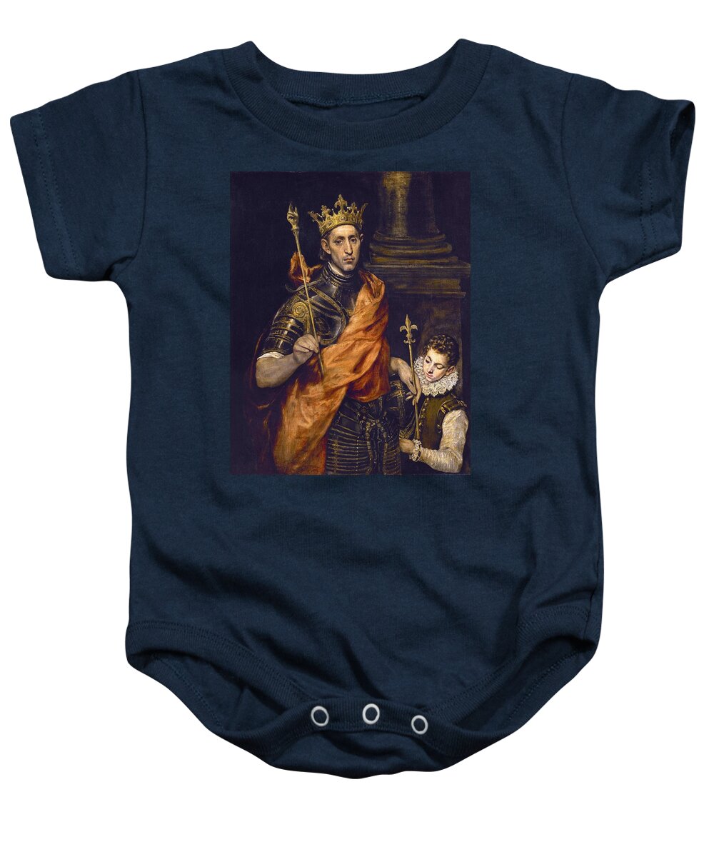 El Greco Baby Onesie featuring the painting 'Louis IX of France, and a Page', 1585-1590, Oil on canvas, 120 x 96 cm. EL GRECO . by El Greco -1541-1614-
