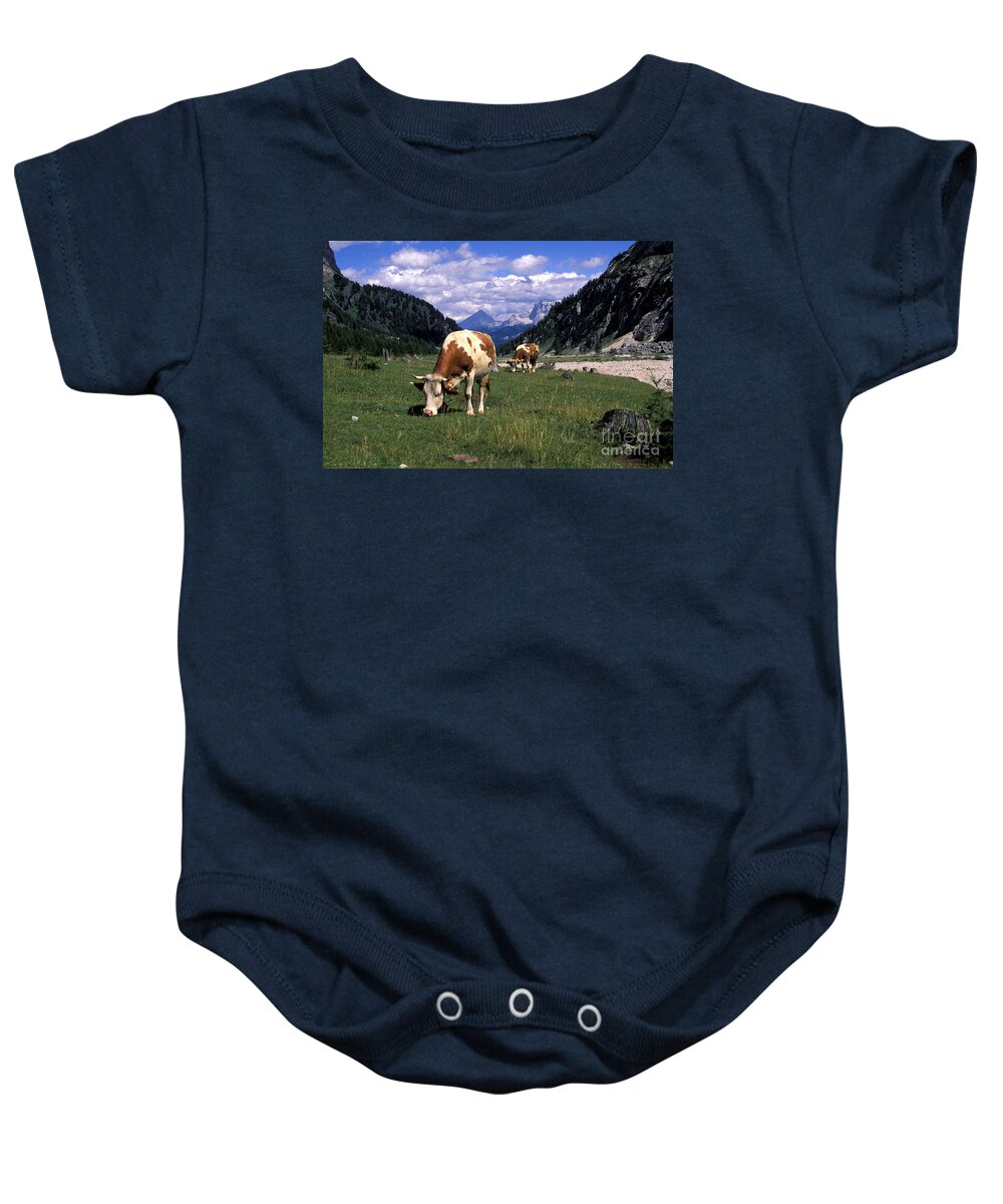 Animal Baby Onesie featuring the photograph Pasture, Marmolada, Veneto And Trentino Alto-adige, Italy by 