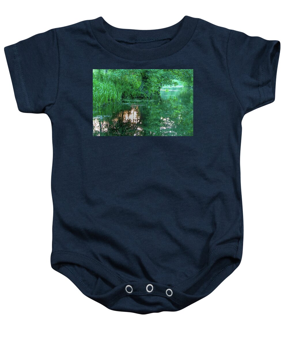 Spreewald Baby Onesie featuring the photograph Reflections of the evening sun in the Spreewald by Sun Travels