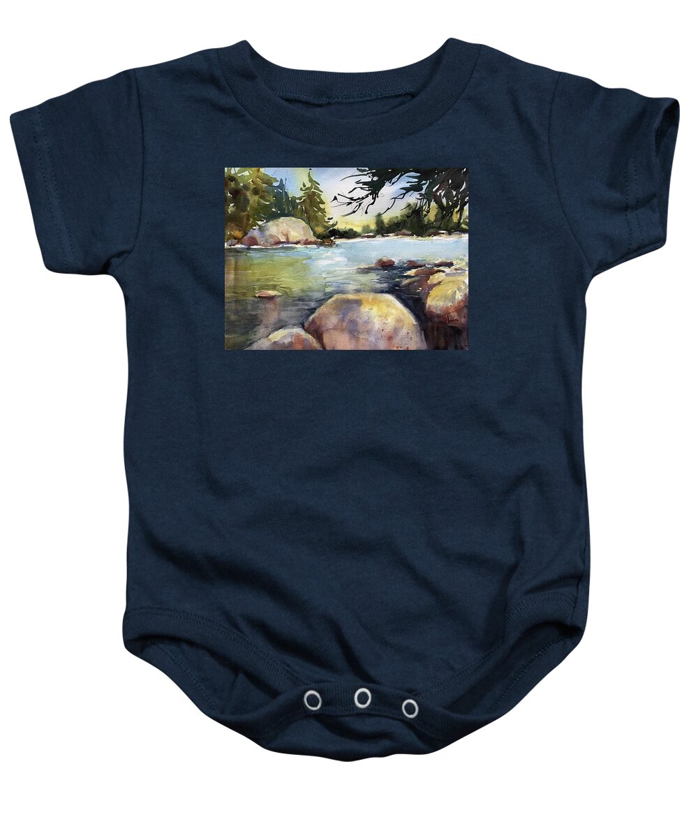 Landscape Baby Onesie featuring the painting Rocking the River by Judith Levins