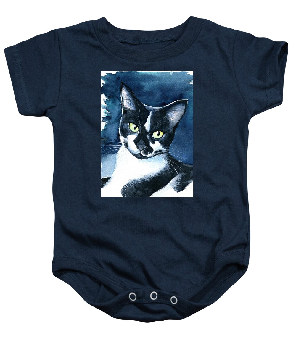 Rollie Baby Onesie featuring the painting Rollie Tuxedo Cat Painting by Dora Hathazi Mendes