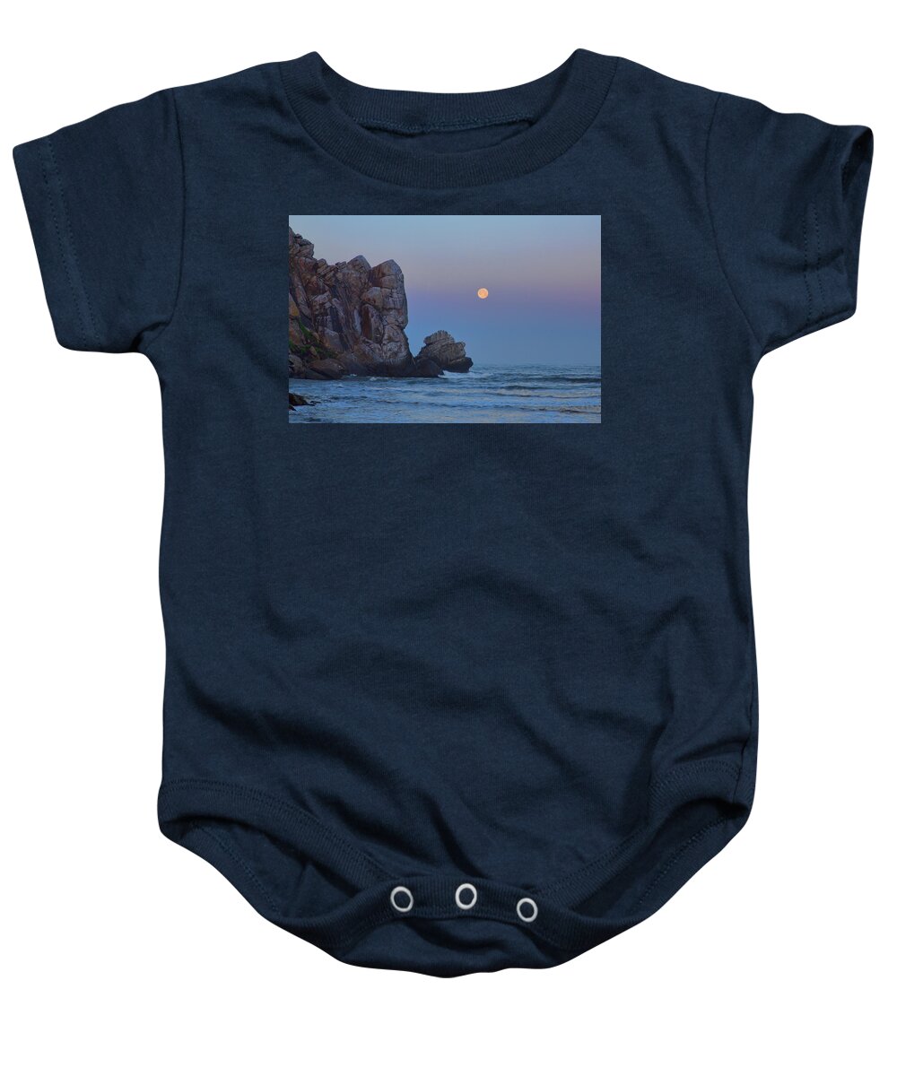California Baby Onesie featuring the photograph Snow Moon and Morro Rock by Cheryl Strahl