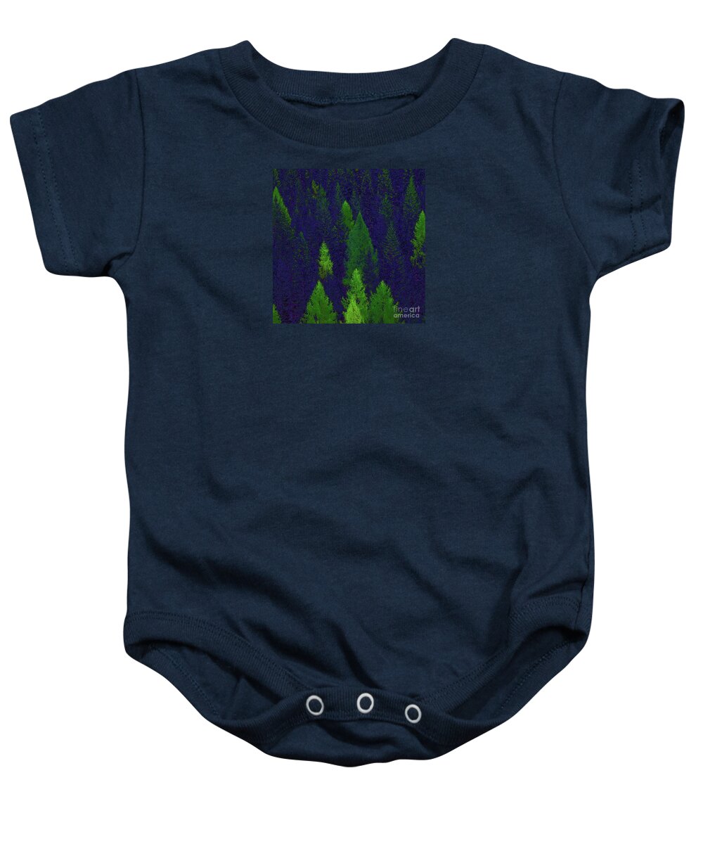 Forest Baby Onesie featuring the digital art Treetops Blue and Green by Corinne Carroll
