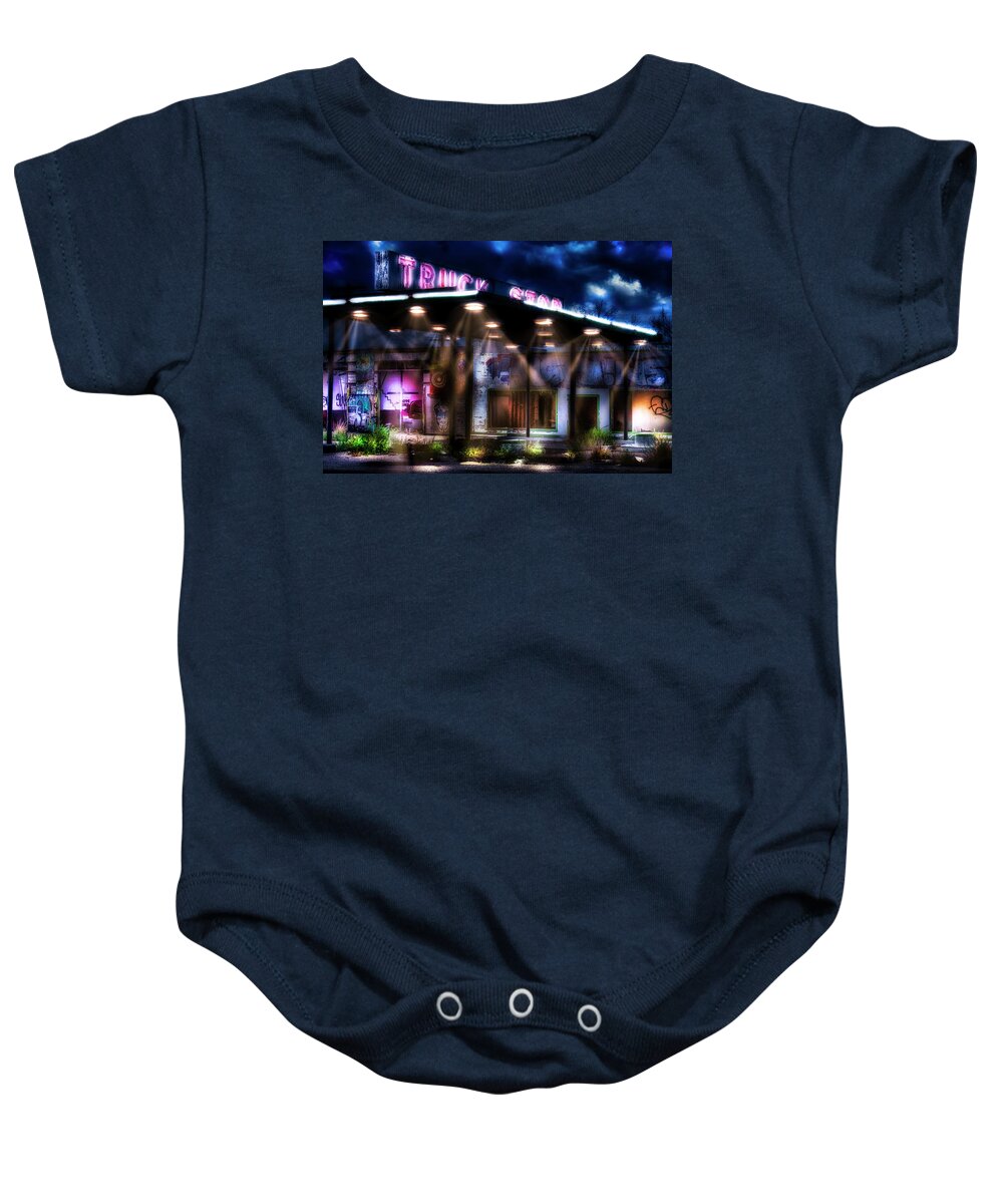 Ghost Baby Onesie featuring the photograph Tripping through the American ghosts signs - An abandoned Truck Stop by Micah Offman