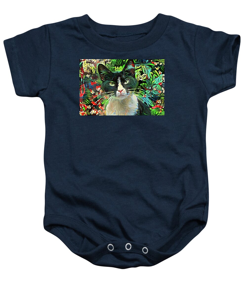 Tuxedo Cat Baby Onesie featuring the digital art Tucker the Tuxedo Cat by Peggy Collins