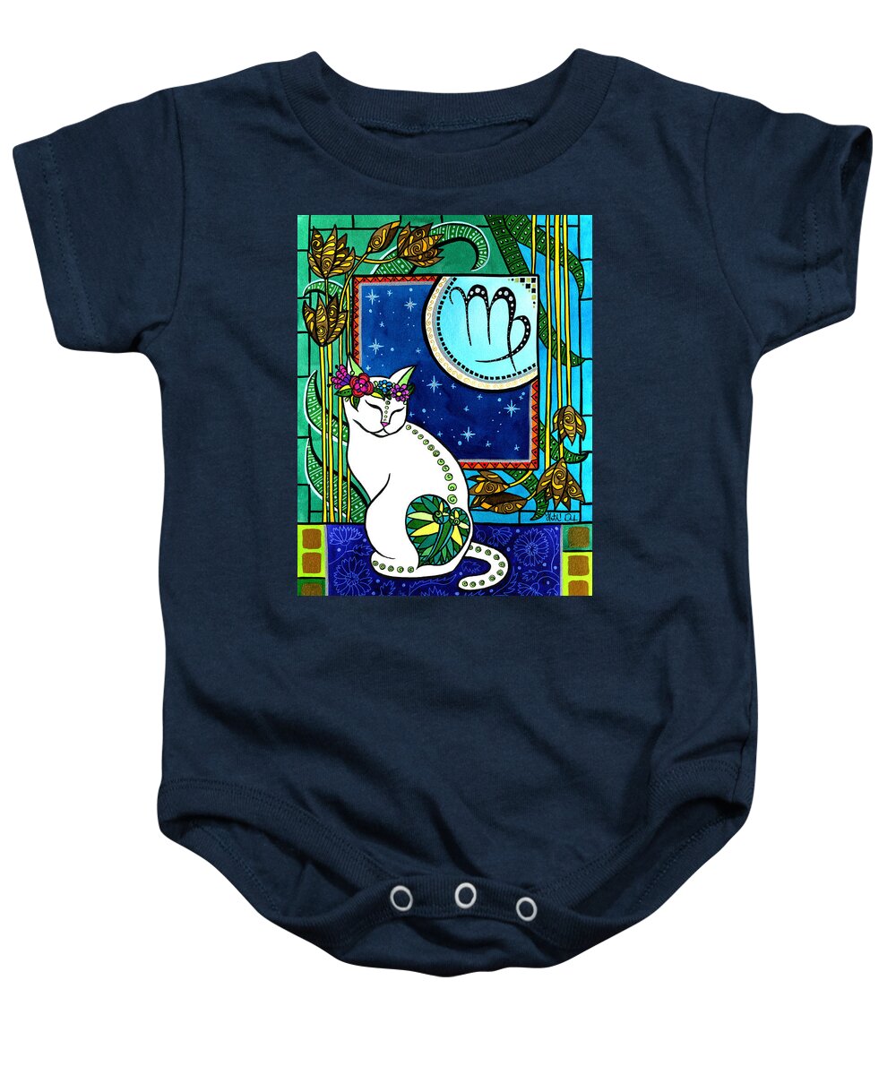 Cats Baby Onesie featuring the painting Virgo Cat Zodiac by Dora Hathazi Mendes