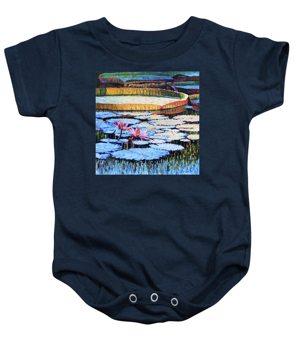 Water Lilies Baby Onesie featuring the painting Golden Light on Lilies #1 by John Lautermilch