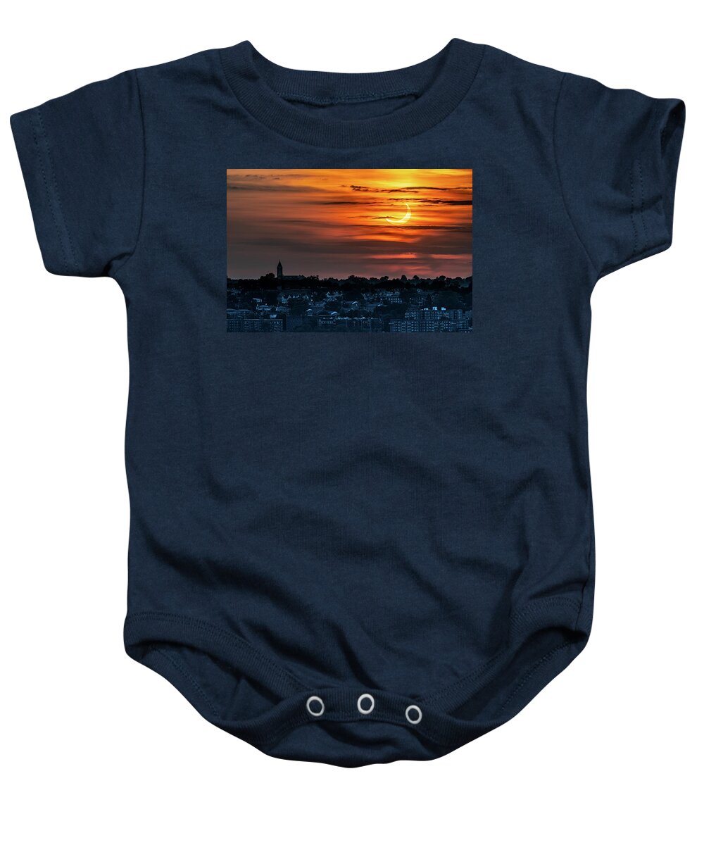 New York Baby Onesie featuring the photograph Solar eclipse over Yonkers by Kevin Suttlehan