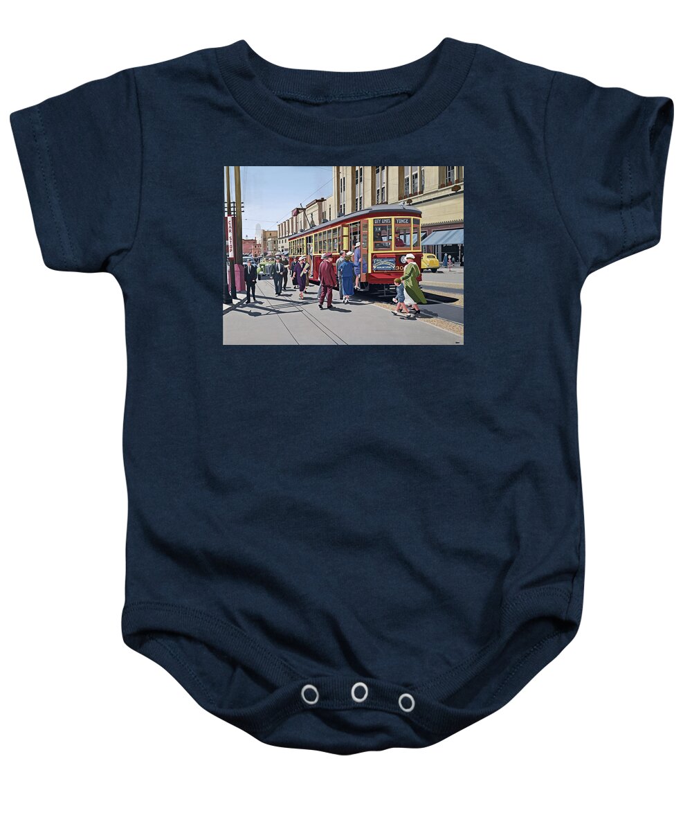 Yonge Street Baby Onesie featuring the painting Yonge and College 1937 by Kenneth M Kirsch