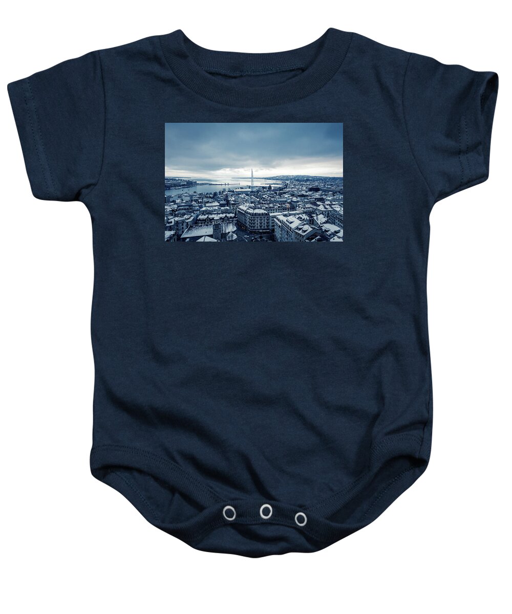 Outdoors Baby Onesie featuring the photograph Snowing in Geneva during Winter #2 by Benoit Bruchez