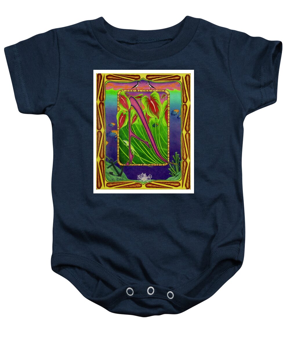 Kim Mcclinton Baby Onesie featuring the drawing A is for Aloha by Kim McClinton