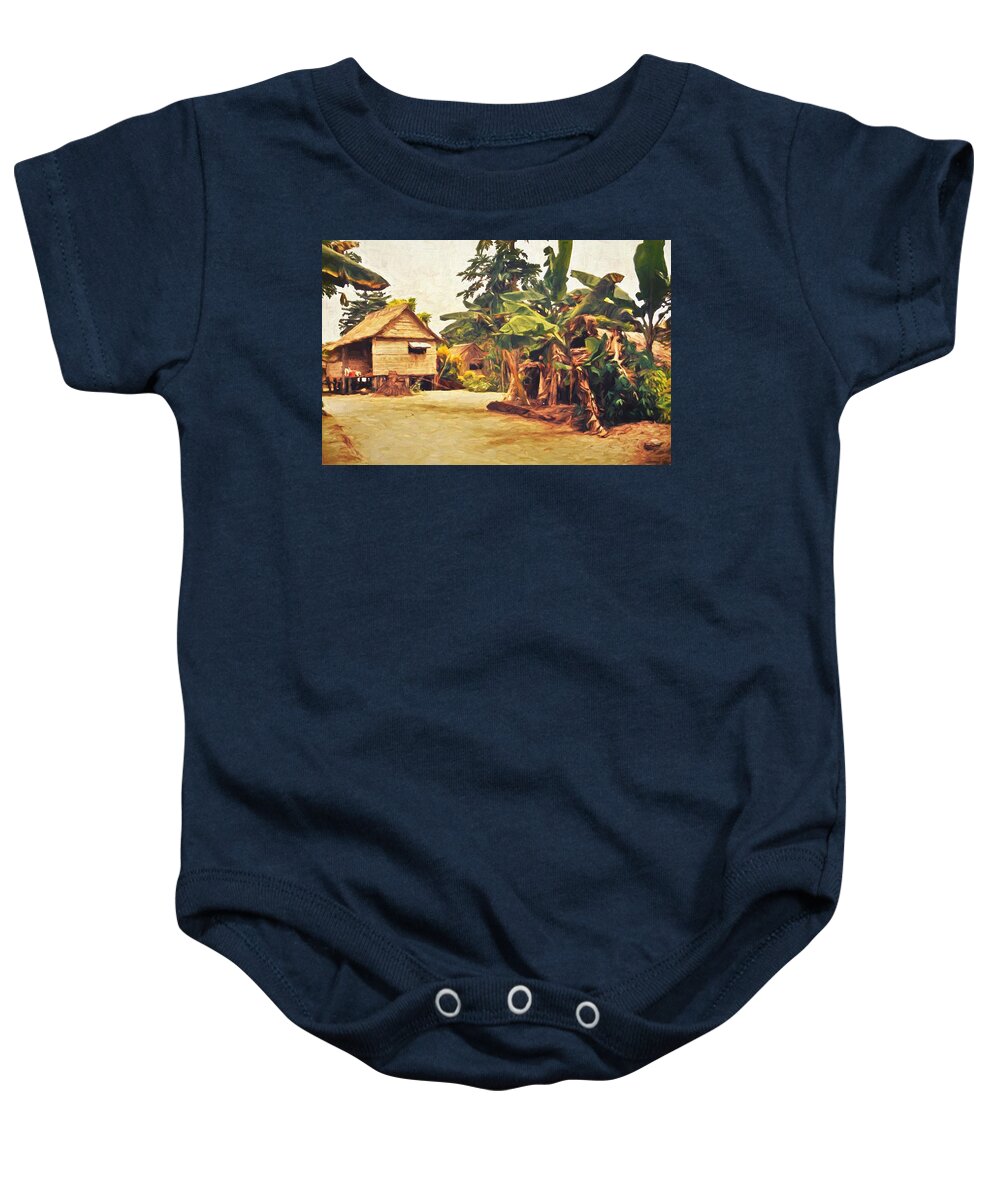 Gizo Baby Onesie featuring the mixed media A Village House And Garden in Gizo by Joan Stratton