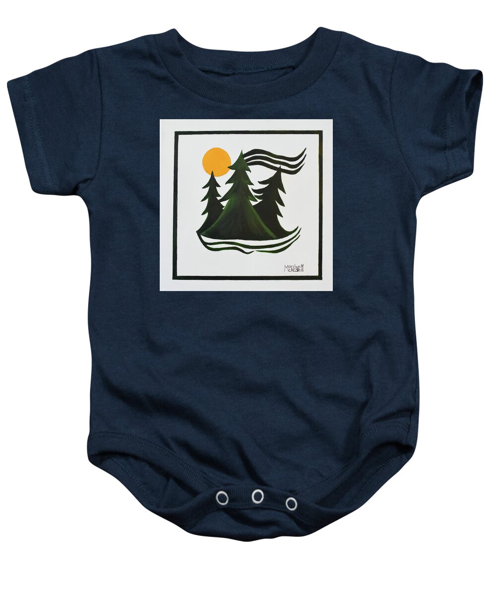 Pine Tree Baby Onesie featuring the painting An Orange Moon Summons by Marilyn McNish