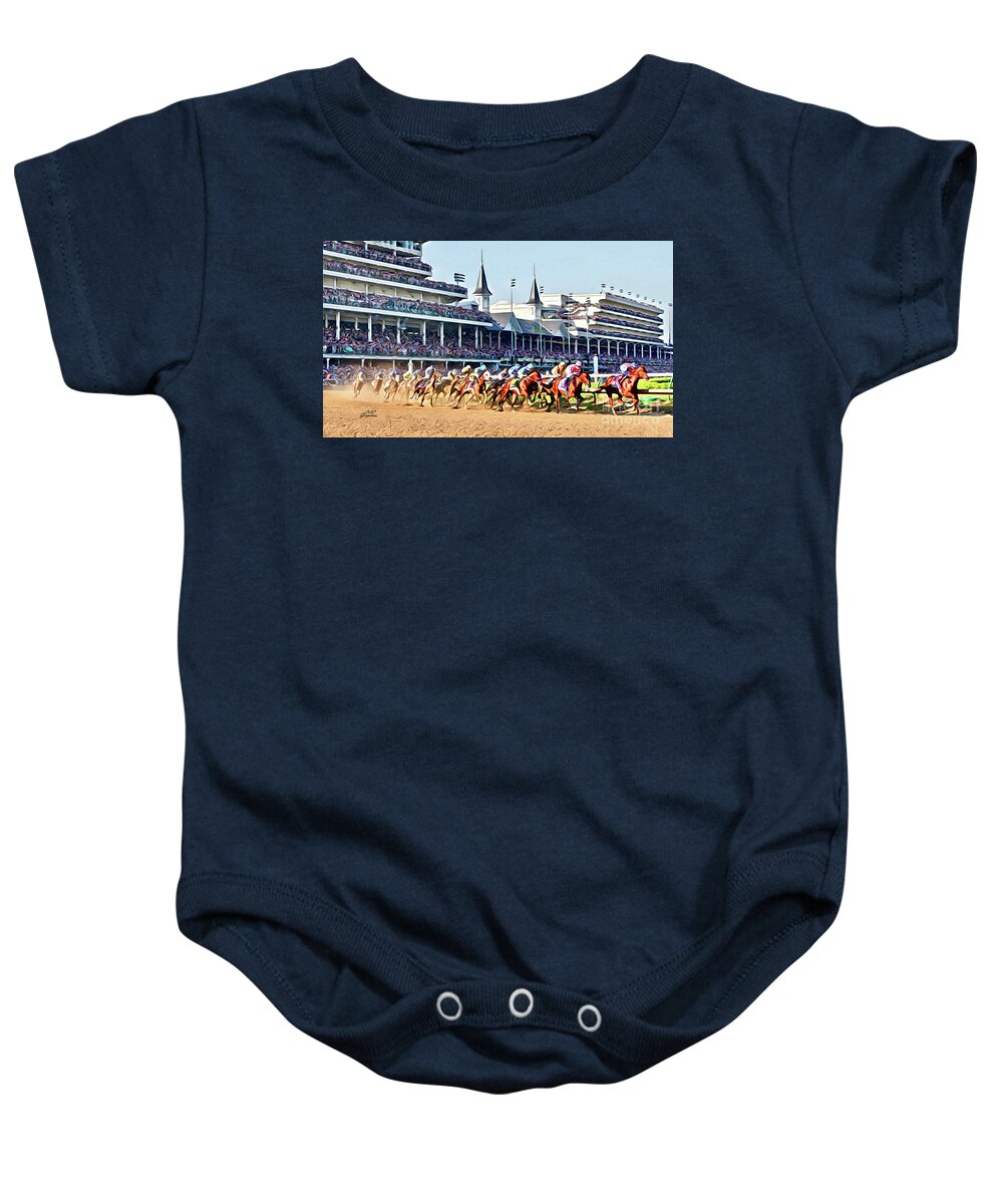 Churchill Downs Baby Onesie featuring the digital art Around The First Turn by CAC Graphics