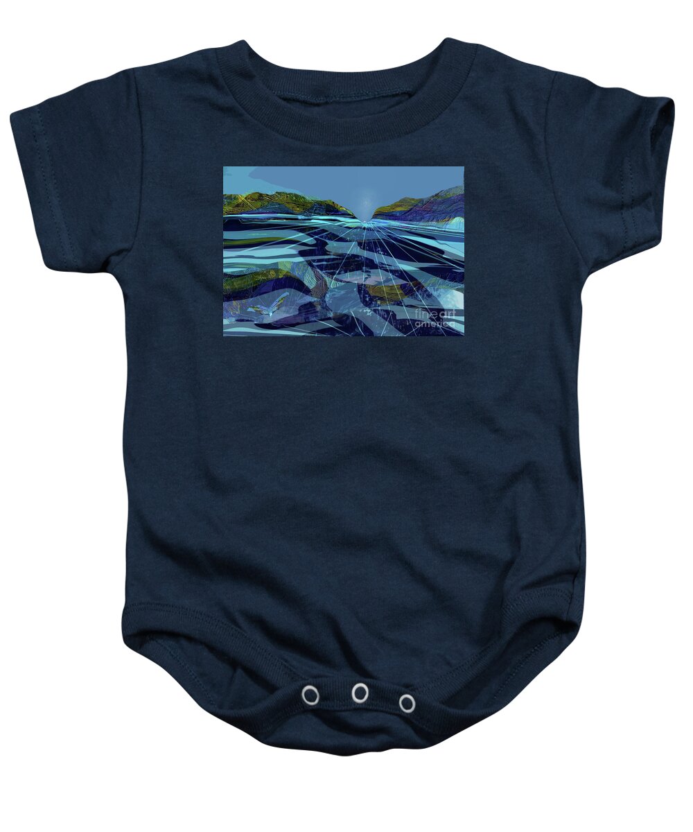 Asheville Baby Onesie featuring the mixed media Asheville- The River Runs North by Zsanan Studio