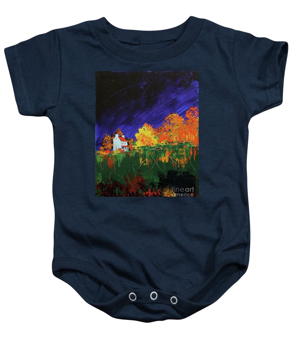 Landscape Baby Onesie featuring the painting Autumn FArmhouse by William Renzulli