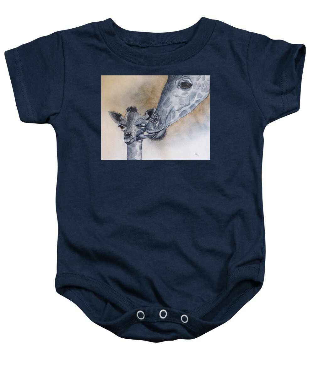 Giraffes Baby Onesie featuring the painting Baby Giraffe and Mama by Kelly Mills